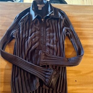CAbi Satin-Look zip up shirt in Deep Chocolate Brown